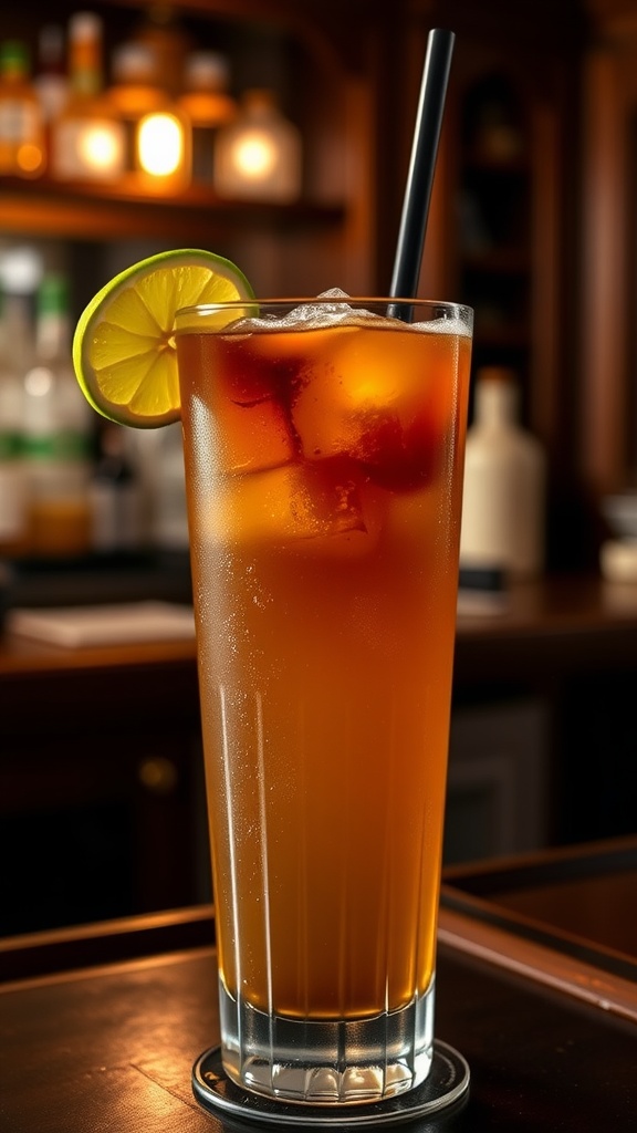 A Dark and Stormy cocktail in a tall glass with ice, garnished with a lime twist, against a cozy bar backdrop.